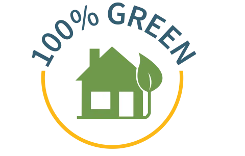 Graphic of a house and leaf with text "100% Green" above